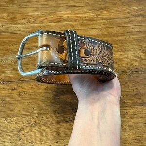 Tooled 2- Toned Brown Leather Western Belt with Removable Silver Buckle Unisex